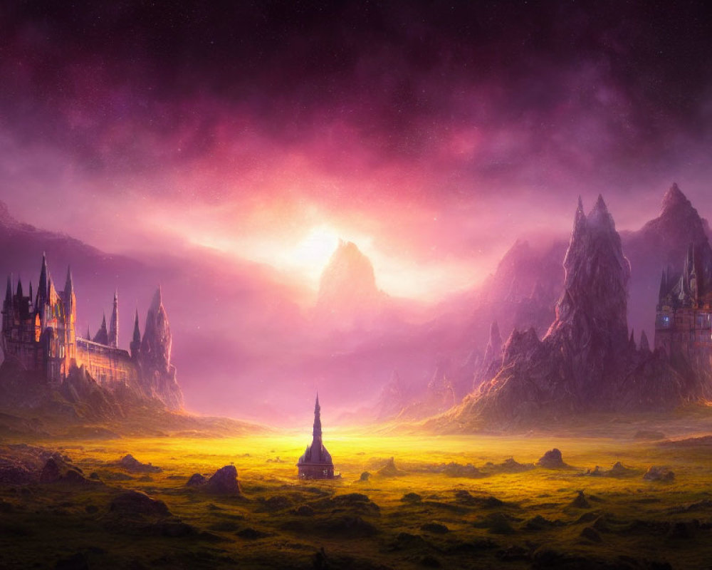 Majestic castle in fantastical mountain landscape under purple sky