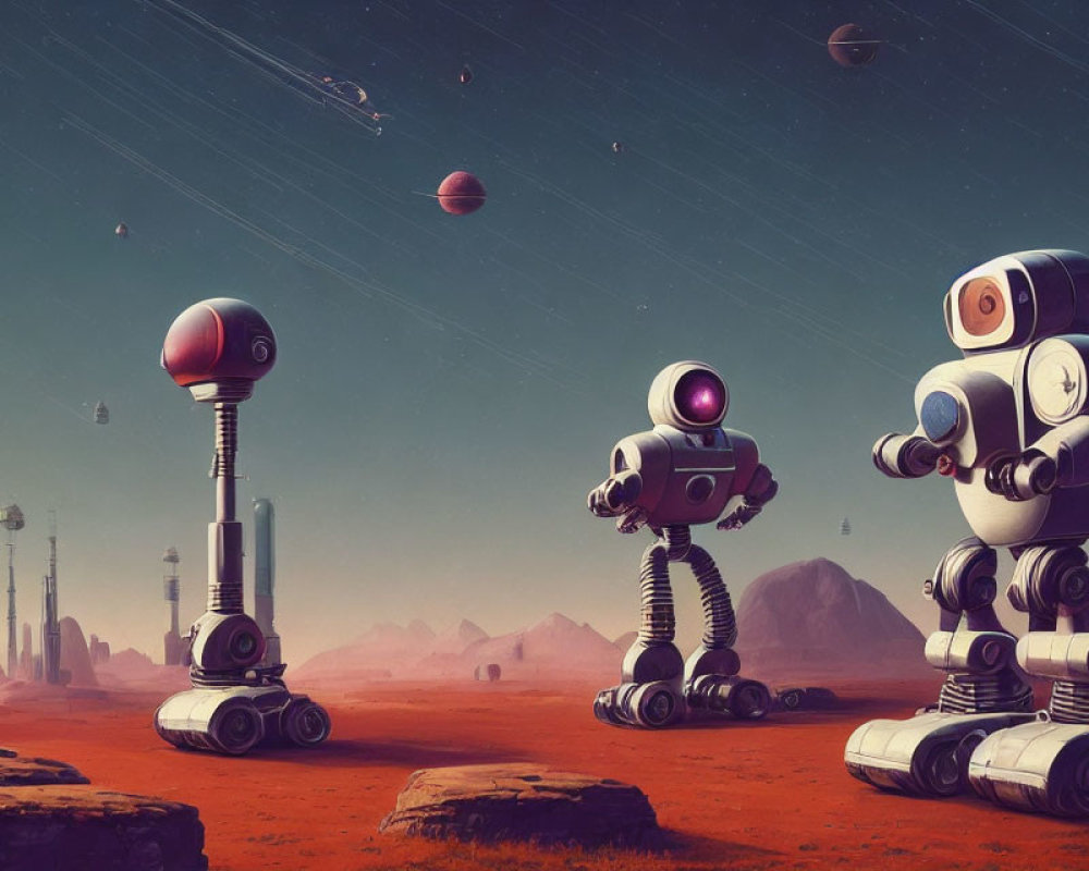 Futuristic robots on alien planet with spaceships