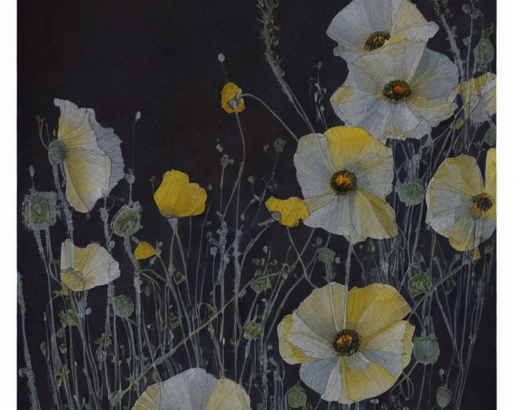 Pale yellow poppies on tall stems against black background, artist's signature included