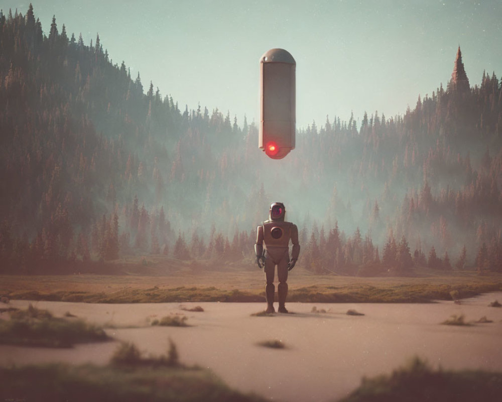 Astronaut looking at hovering capsule in misty forest - sci-fi exploration