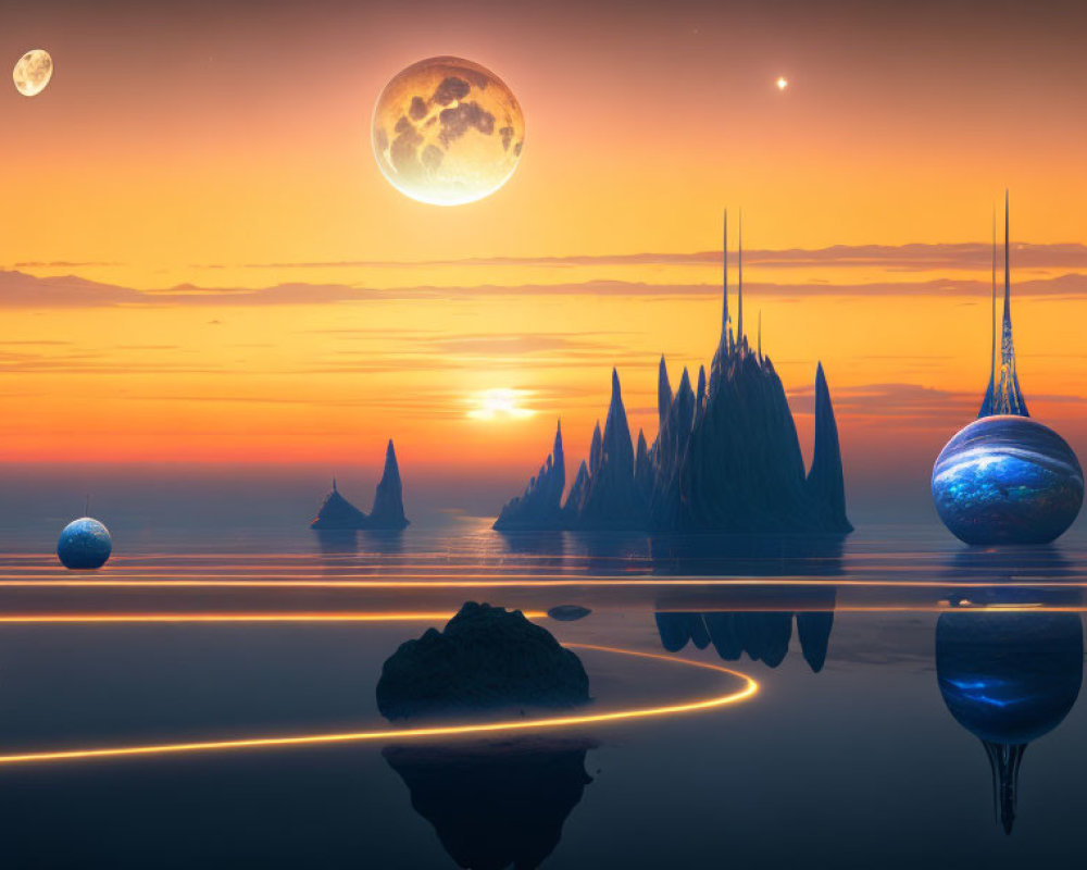 Alien landscape at sunset with reflective water, rock spires, and multiple moons