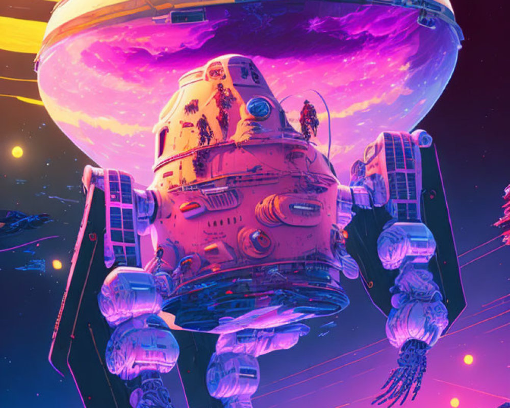 Futuristic sci-fi scene with large AT-AT-like robot and neon-lit planet backdrop