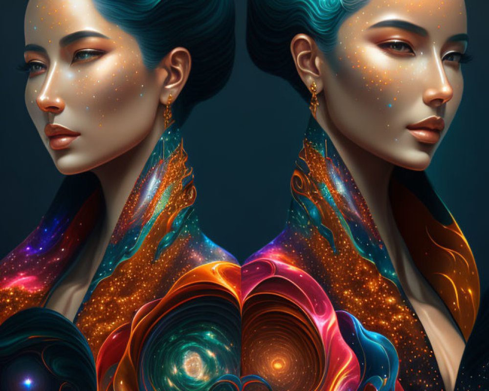 Cosmic-themed digital artwork of twin women with vibrant body paint