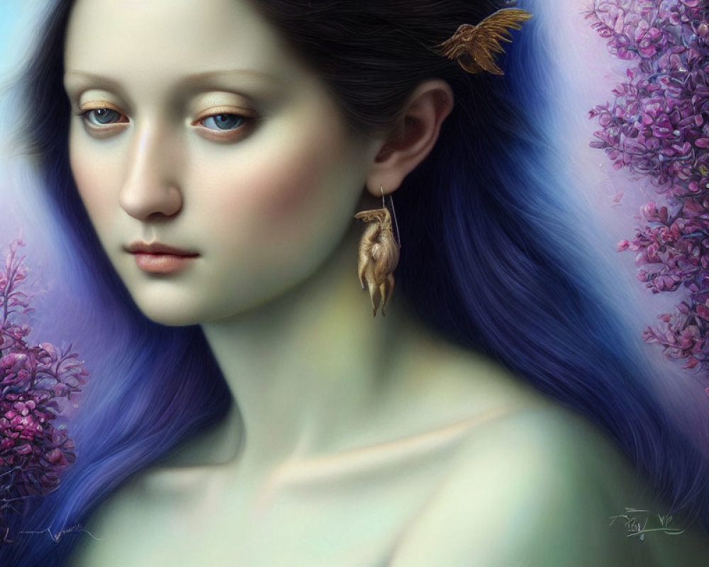 Digital painting of woman with blue hair, pale skin, surrounded by lilac flowers, butterfly and cic