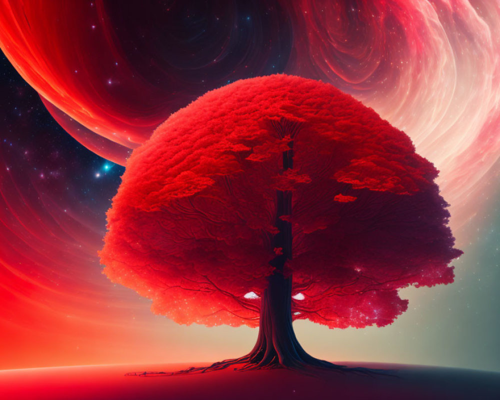 Vibrant red tree with voluminous canopy in swirling crimson and pink sky