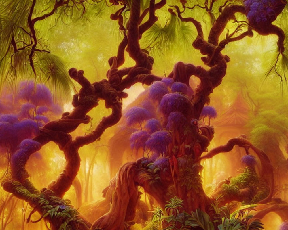 Fantastical forest with twisted trees and vibrant purple foliage