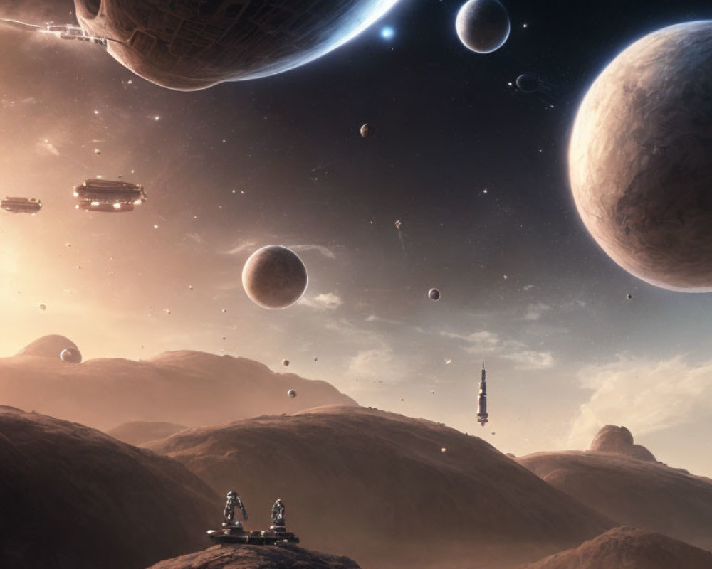 Futuristic sci-fi landscape with spaceships above desert planet