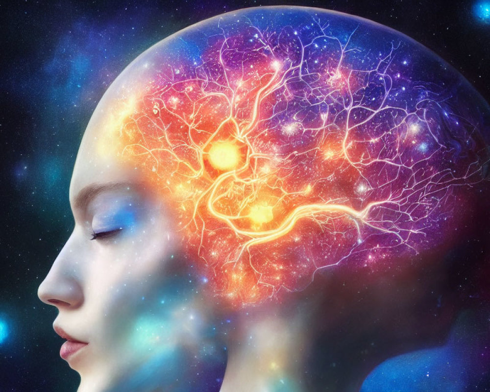 Profile of woman with transparent head displaying intricate brain network on cosmic background