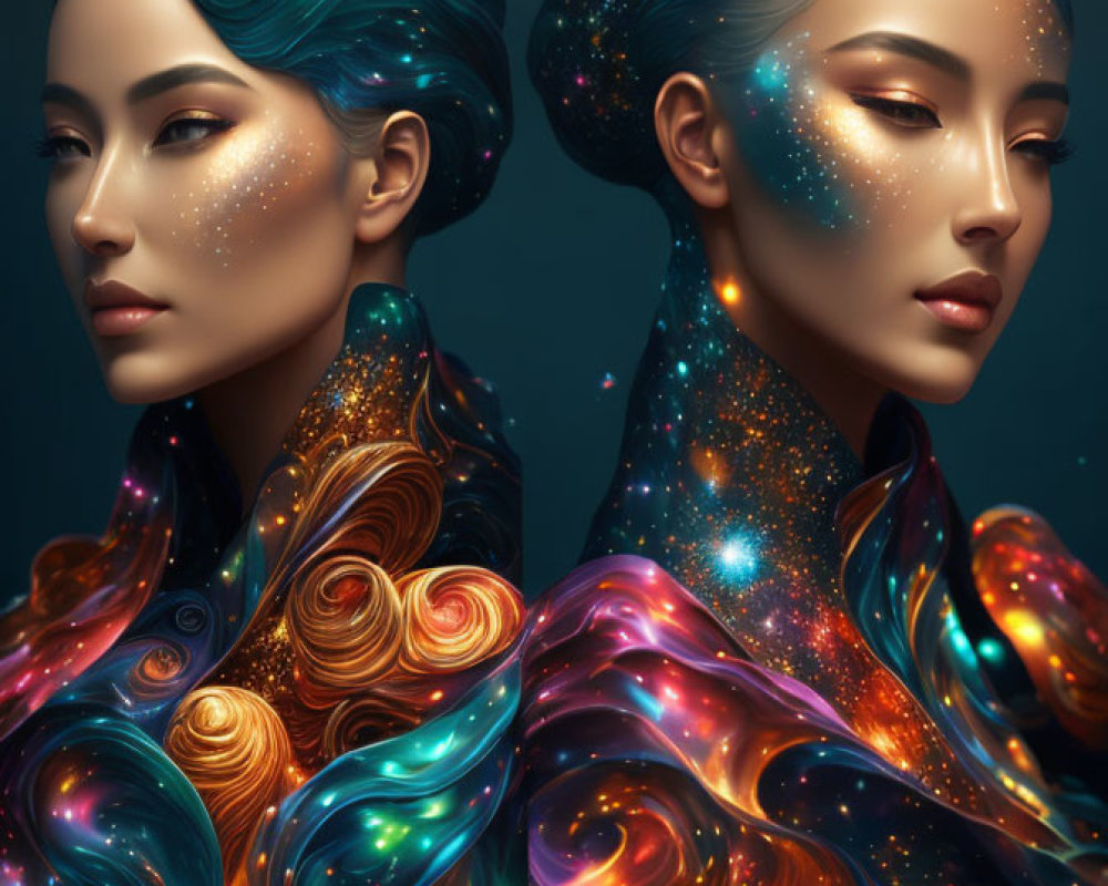 Cosmic-themed body art and galaxy-inspired hair on two women in blues, golds, and pur