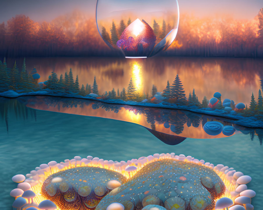 Surreal landscape with glowing mushrooms, jellyfish, floating crystal, and twilight forest