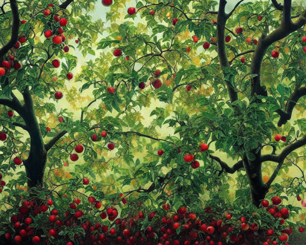 Ripe red apples on lush apple trees in a serene orchard