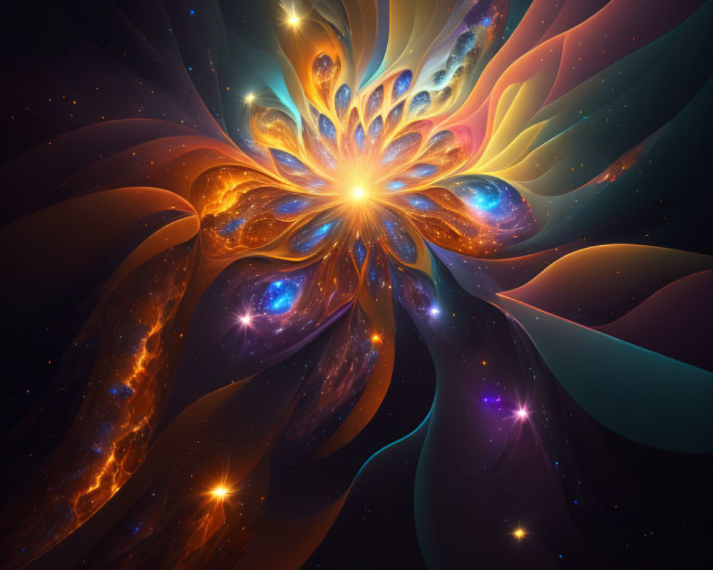 Colorful Abstract Cosmic Illustration with Glowing Flower Center