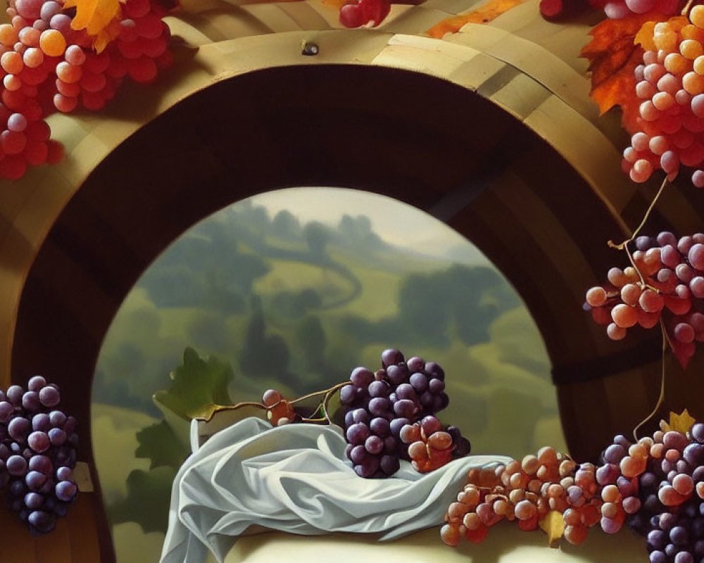 Vineyard landscape with grapes on wooden barrel and autumn leaves