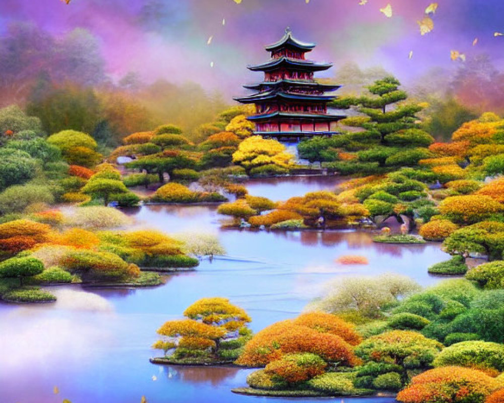 Autumn Pagoda Reflection in Serene Lake Amid Colorful Foliage