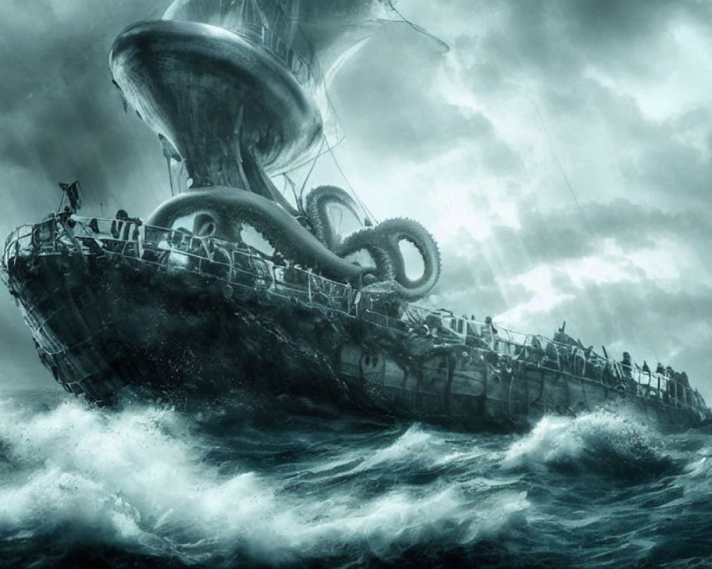 Stormy Seas: Sailing Ship Attacked by Giant Octopus