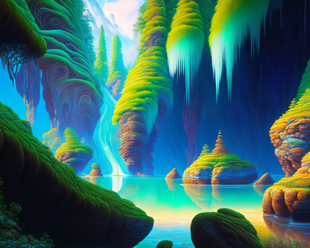 Colorful Digital Art: Stylized Trees, Waterfalls & Rock Formations