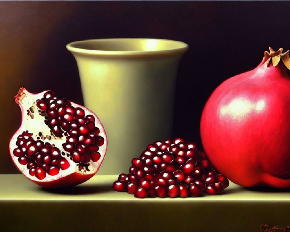 Ripe pomegranate and split fruit in beige vase on dark surface