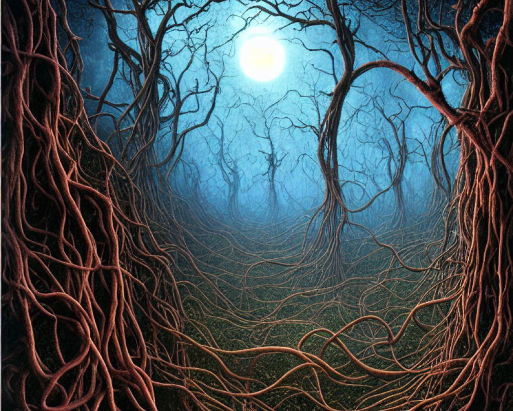 Moonlit forest with intertwining tree branches under night sky