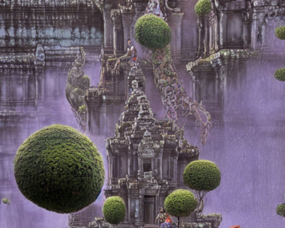 Fantastical landscape with floating green spheres, intricate temples, and mystical purple haze