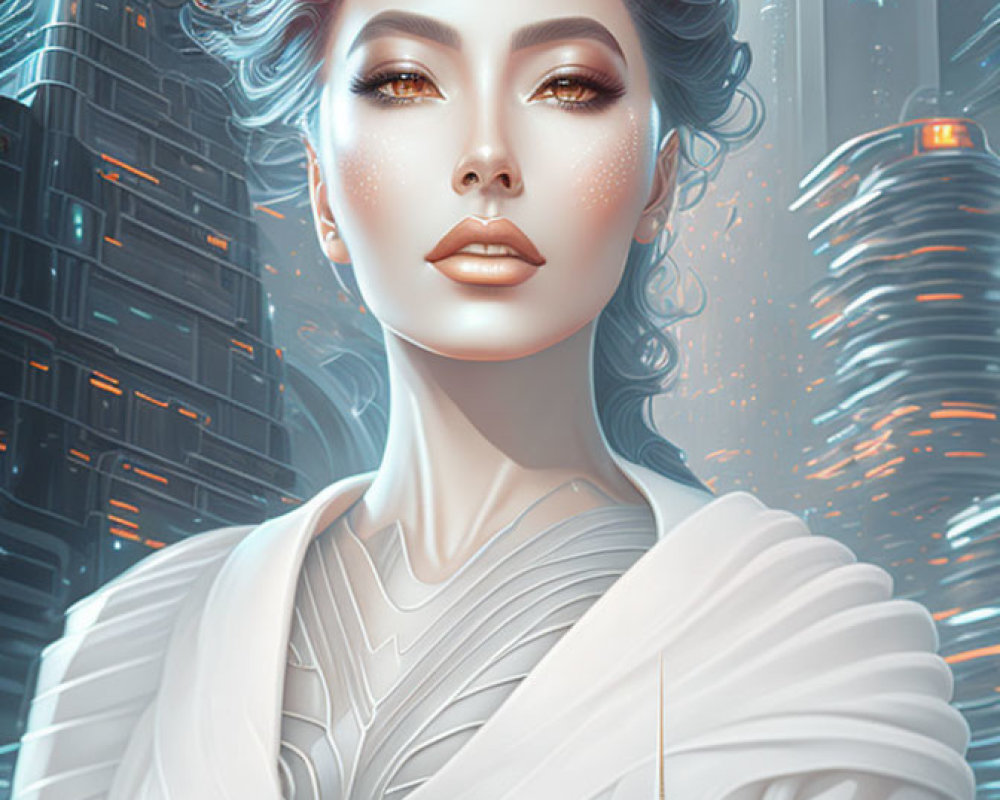 Futuristic digital artwork of a woman with stylized hair and freckles in urban cityscape