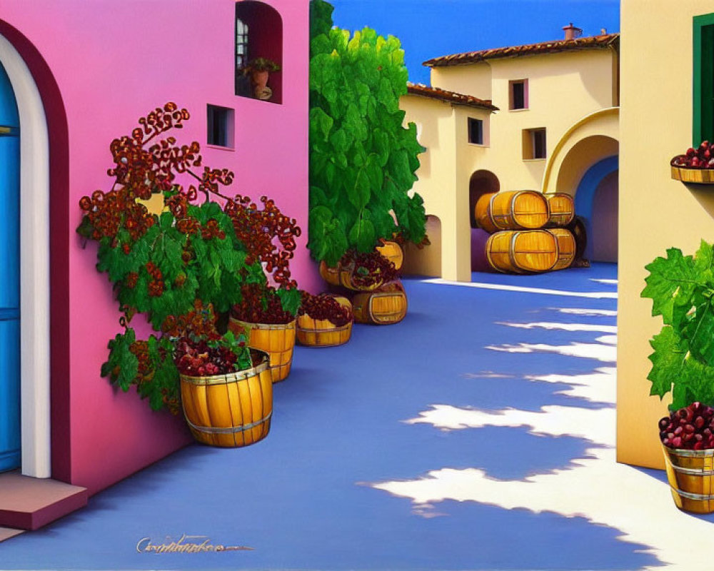 Vibrant Mediterranean street scene with colorful houses and grapevines