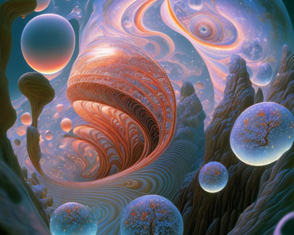 Colorful Psychedelic Artwork with Cosmic Patterns and Floating Orbs