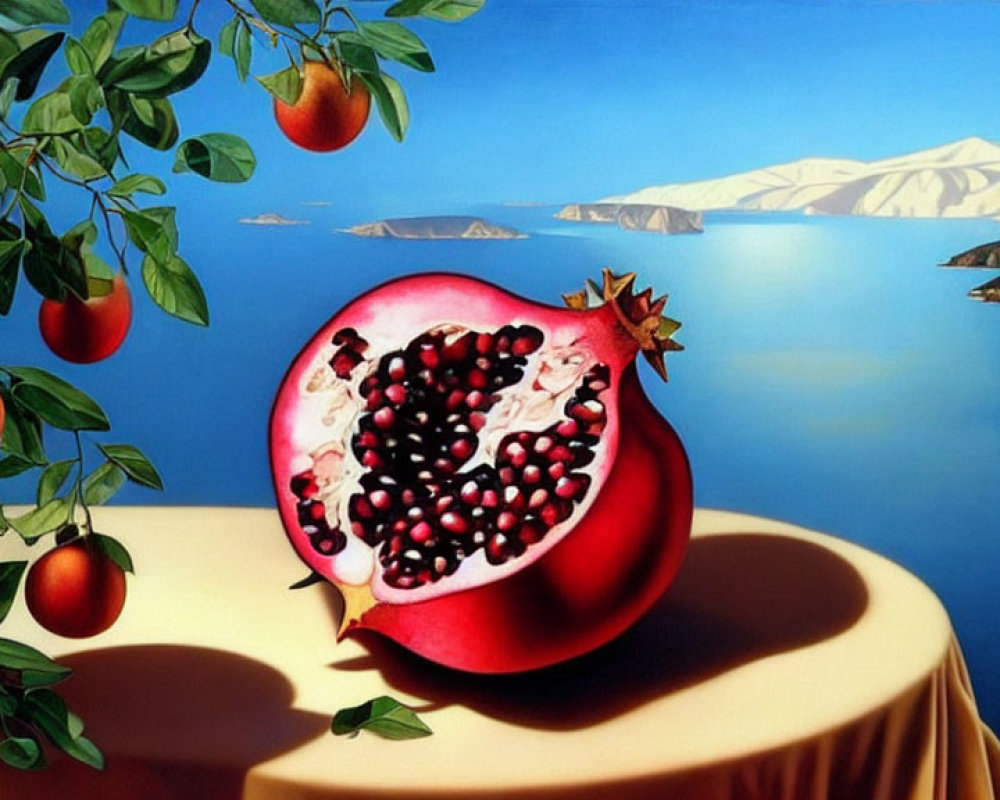 Vibrant painting of open pomegranate on table with serene lake and mountains in background