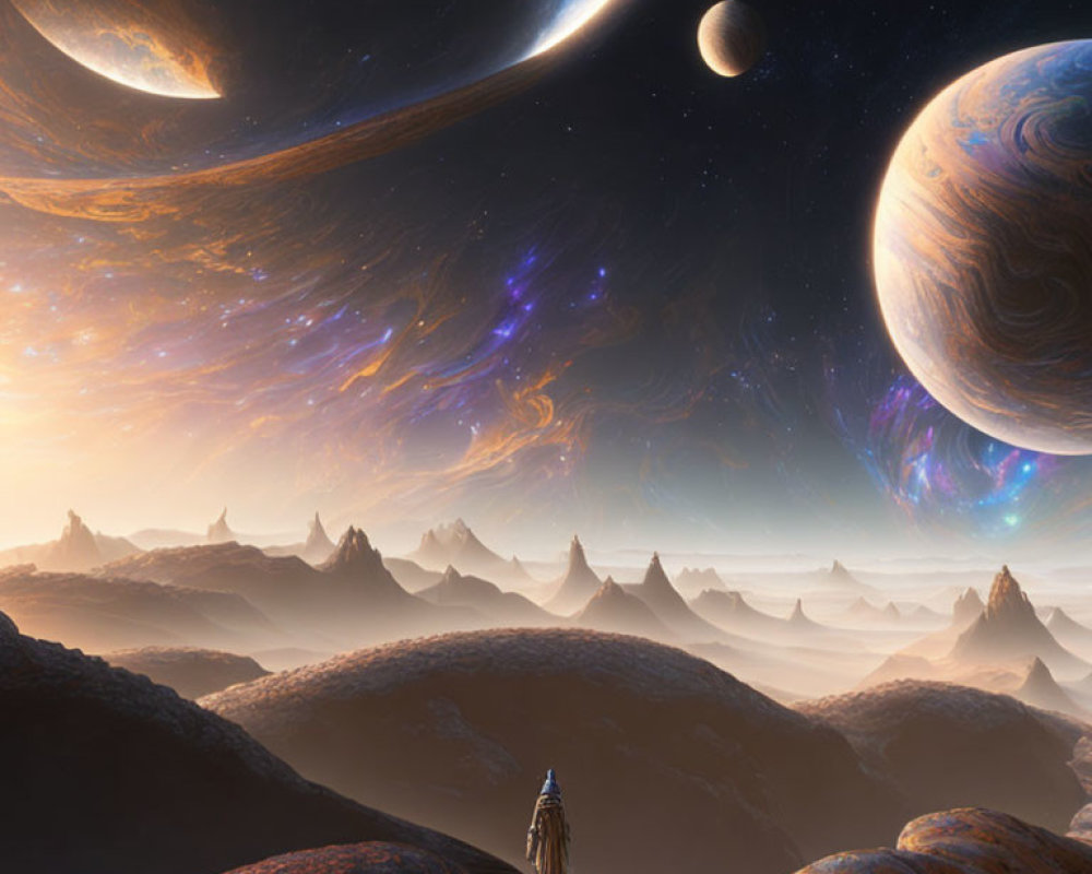 Astronaut gazes at surreal sky with alien planets and nebulas