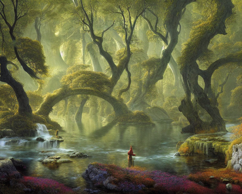 Tranquil forest scene with twisted trees, pond, sunlight, and figure among vibrant flora