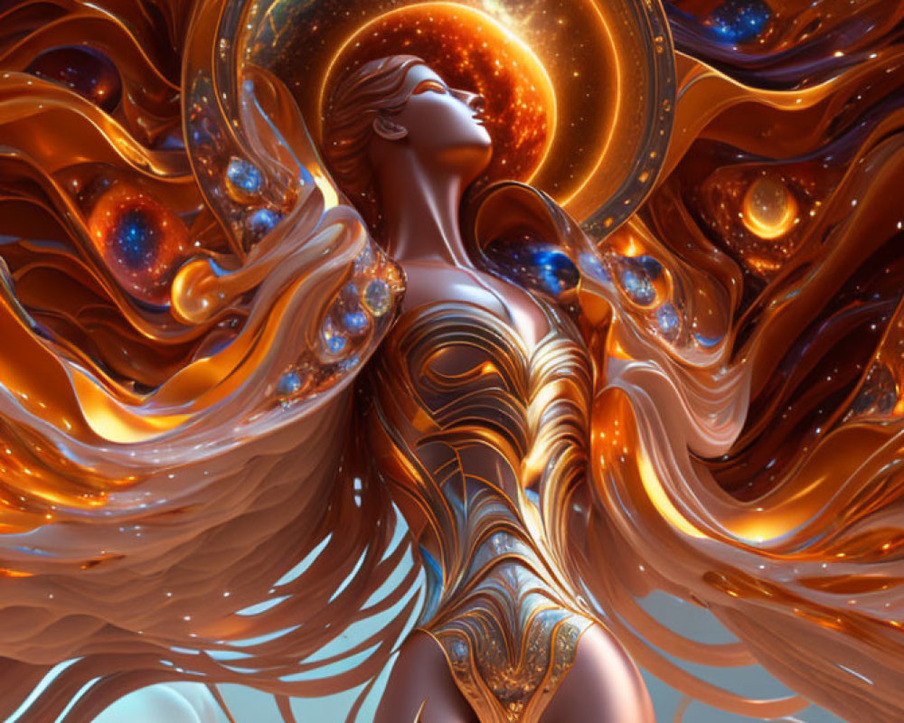 Digital Artwork: Female Figure with Ornate Halo and Galaxy Display