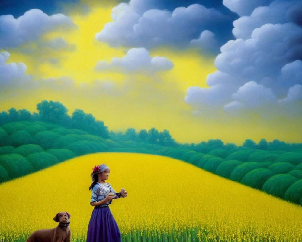 Girl in Purple Dress with Dog in Yellow Field under Towering Clouds