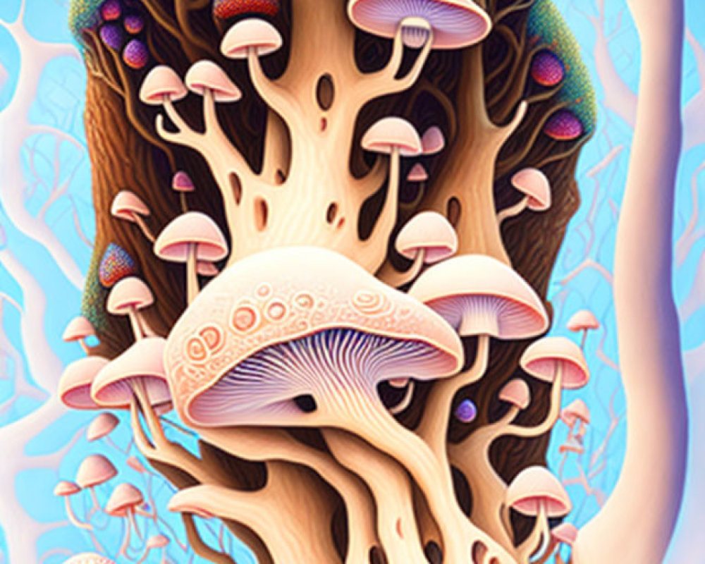 Fantastical image of stylized mushrooms and whimsical tree in magical forest