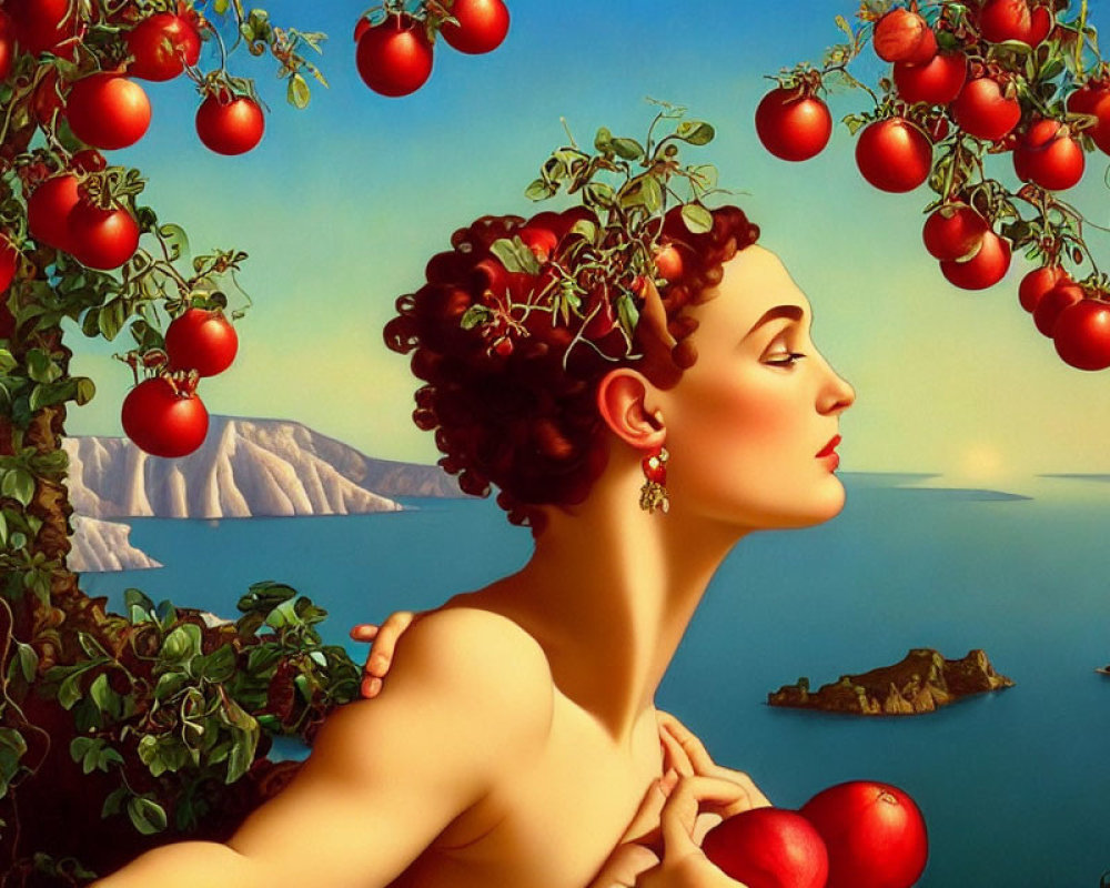 Surreal painting: woman with tomato vines as hair by serene sea