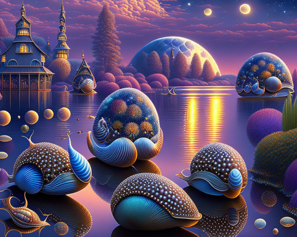 Fantasy landscape with vibrant purple and blue colors and whimsical shell-shaped structures on water with celestial body