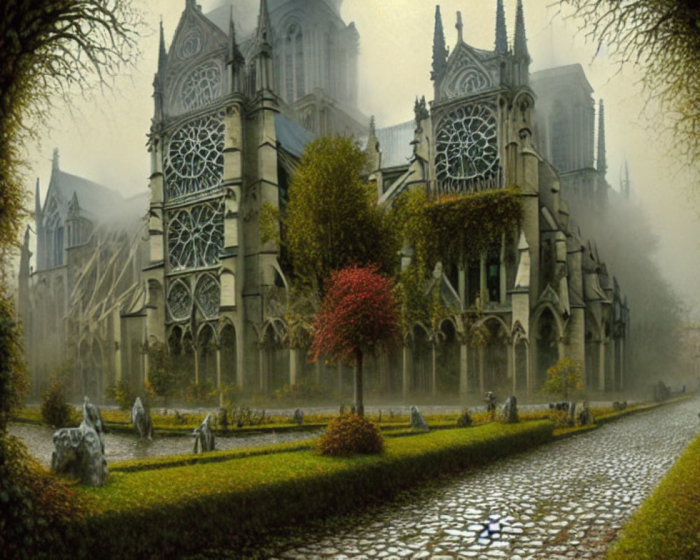 Gothic cathedral in foggy graveyard with autumn trees