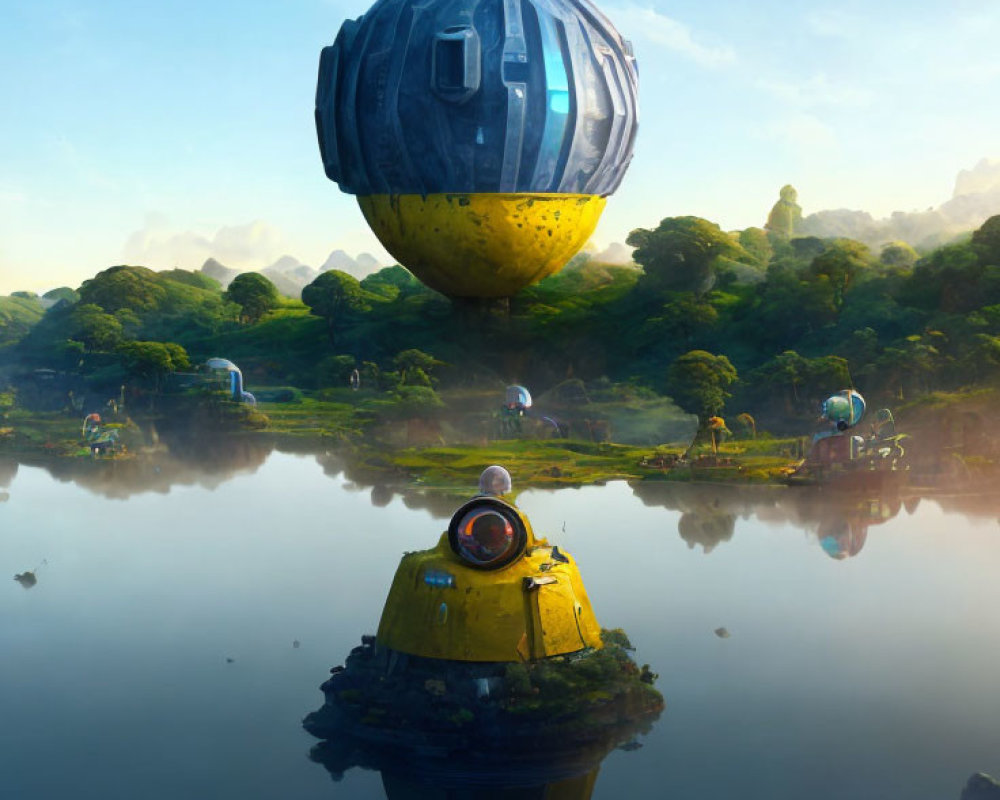 Futuristic habitat with floating spheres above tranquil lake