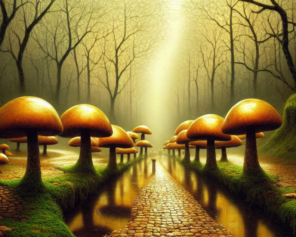 Fantasy landscape with oversized mushrooms and cobblestone pathway in misty forest