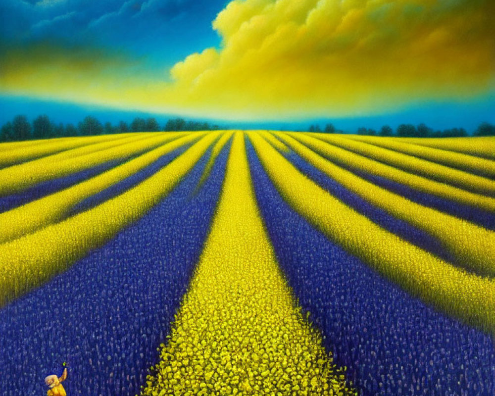 Vibrant painting of woman in yellow amidst yellow flowers under dramatic blue sky