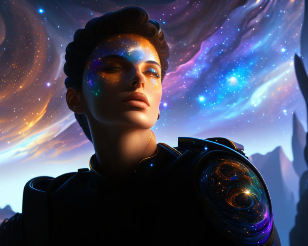 Cosmic-themed digital art portrait with starry skin and galaxy attire against celestial backdrop