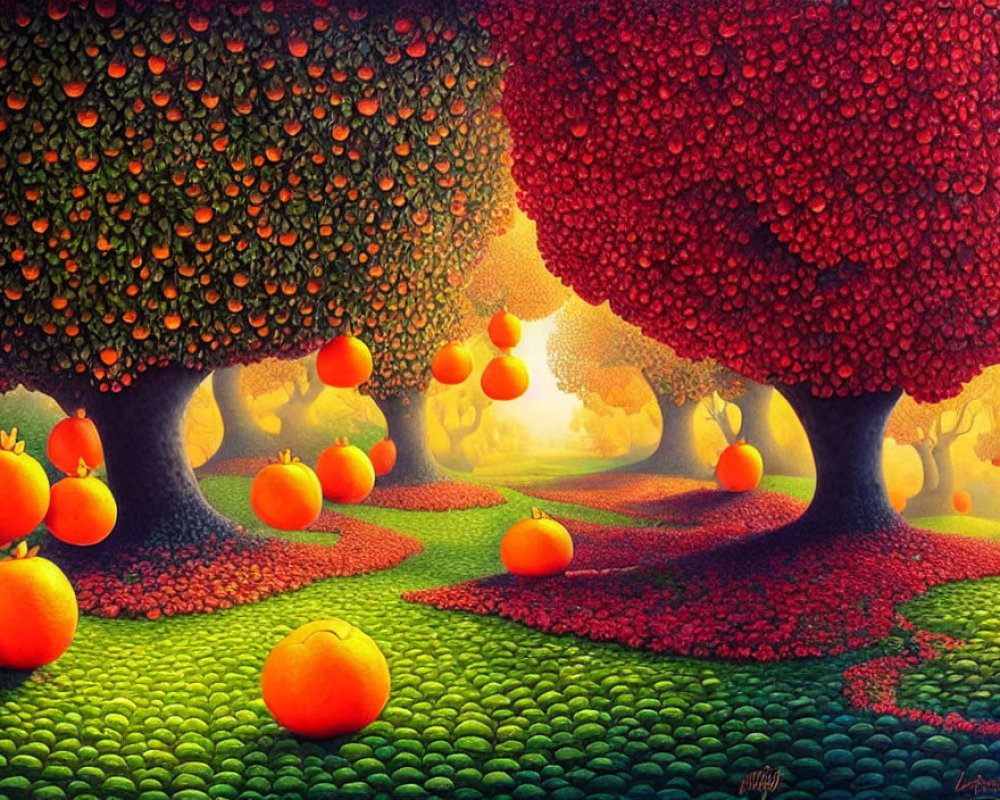 Colorful Orchard Painting with Fruit Trees and Soft Light