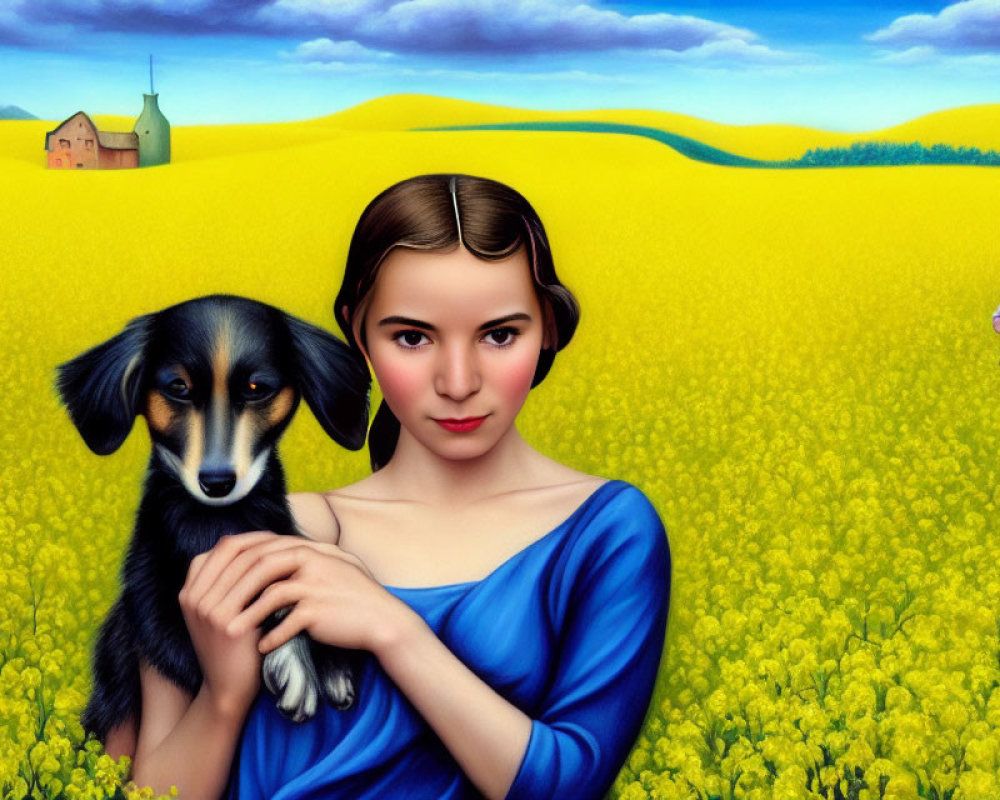 Woman in Blue Dress with Black Dog in Yellow Flower Field and Farmhouse Background