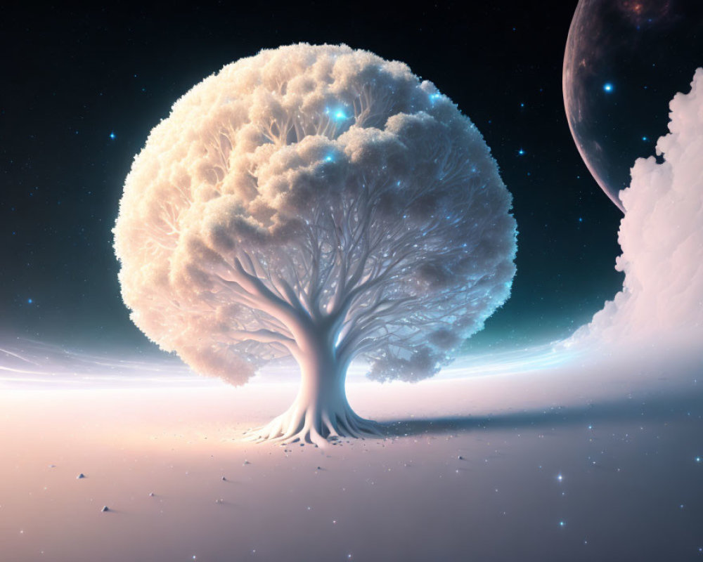 Luminescent tree on alien landscape with hovering planets.