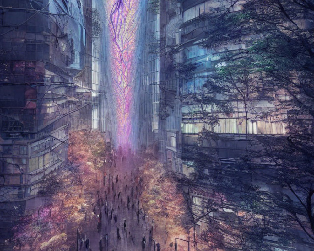 Neon-lit futuristic city street with vibrant tree structure