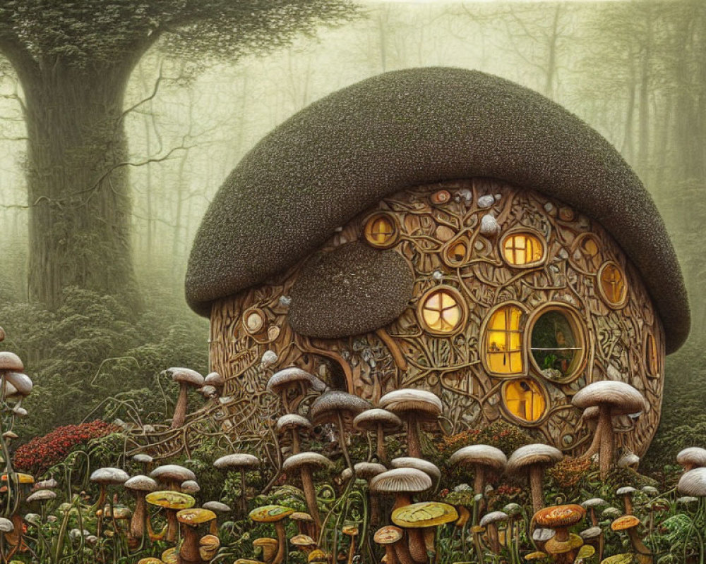 Mushroom-shaped house in enchanted forest with glowing windows