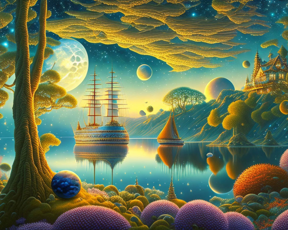 Fantastical landscape with ship, castle, planets, and exotic foliage