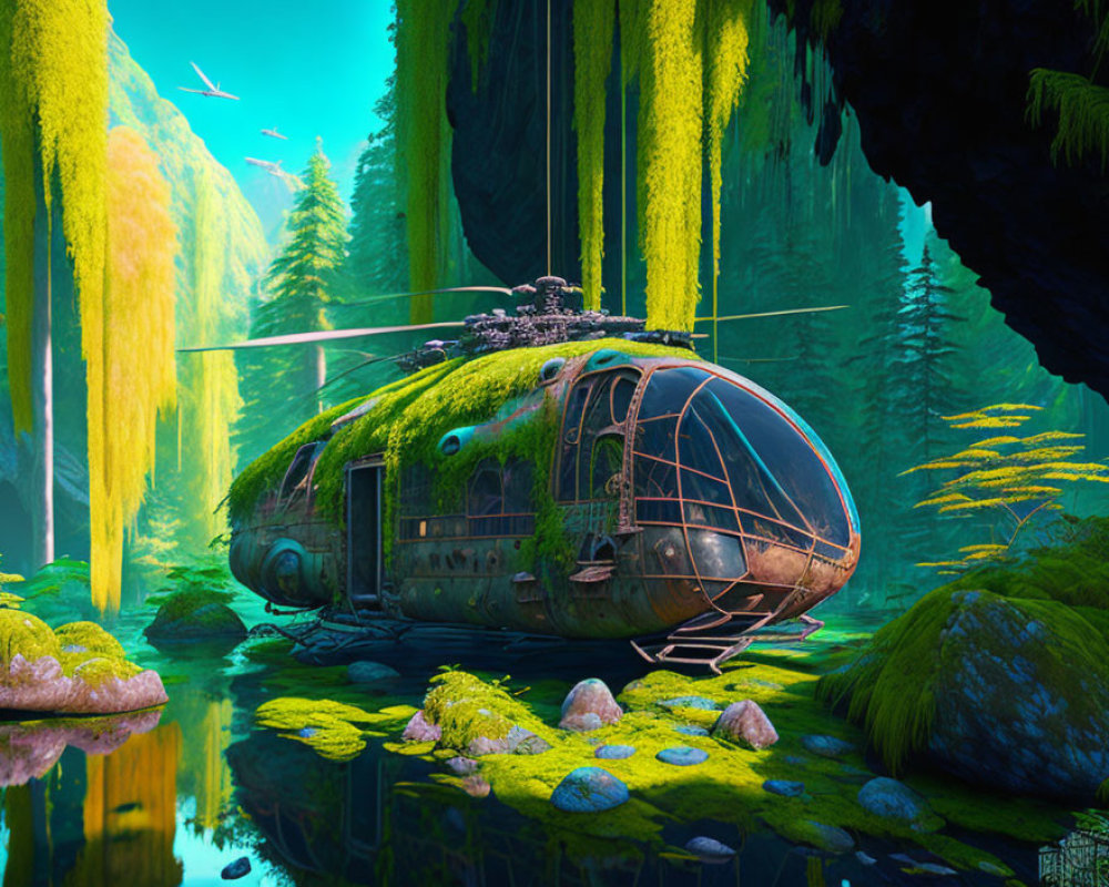 Digital artwork: Abandoned helicopter in mystical forest with moss-covered trees