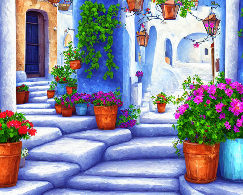 Colorful painting of blue stairway with flowers and terracotta pots leading to white-washed buildings