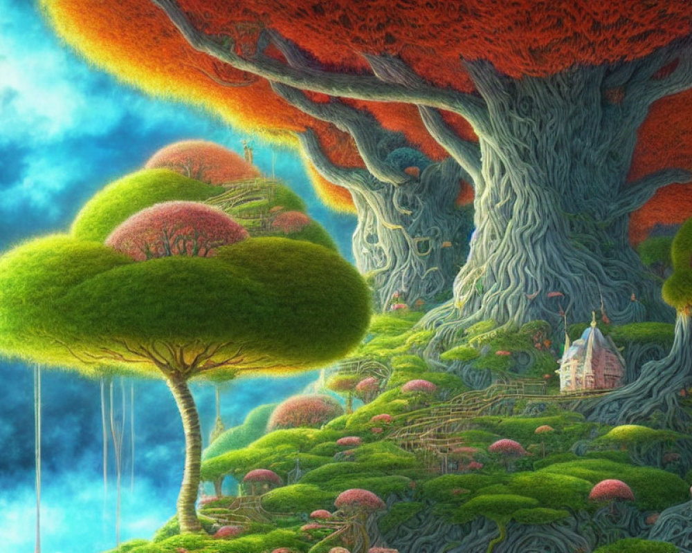 Colorful Fantasy Landscape with Oversized Trees and Small Figure