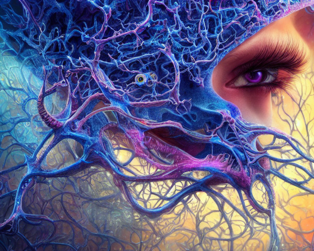 Vibrant surreal illustration of a human eye in blue, purple, and orange hues