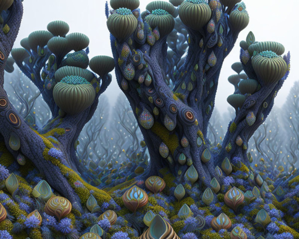 Vibrant blue and purple alien trees with coral-like structures in misty setting